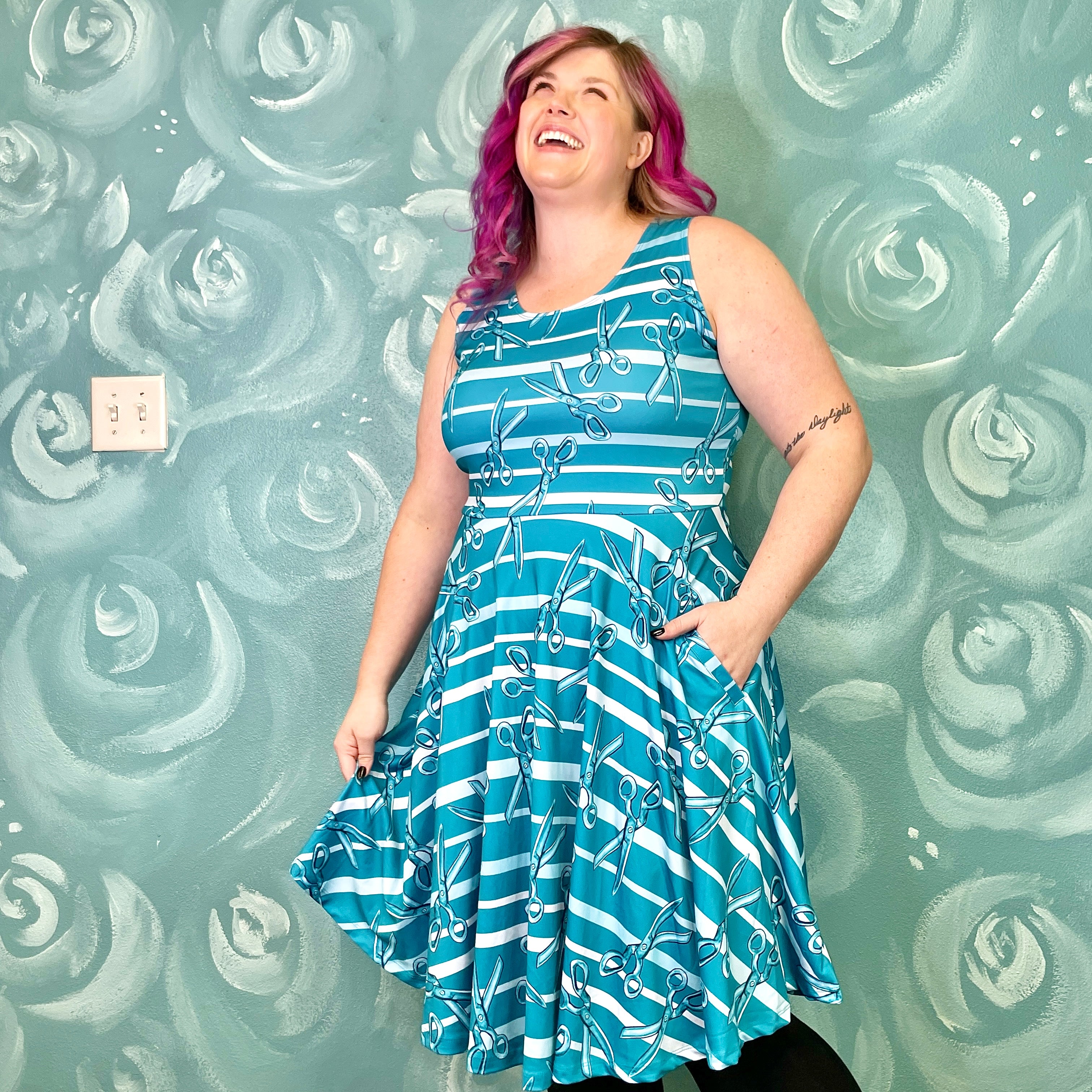 Teal Striped Scissors  The Perfectly Pocketed Dress – More Me Know